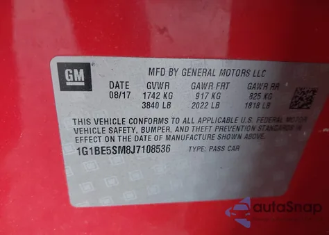2018 Chevrolet Cruze Lt Auto from USA, damaged, VIN 1G1BE5SM8J7108536